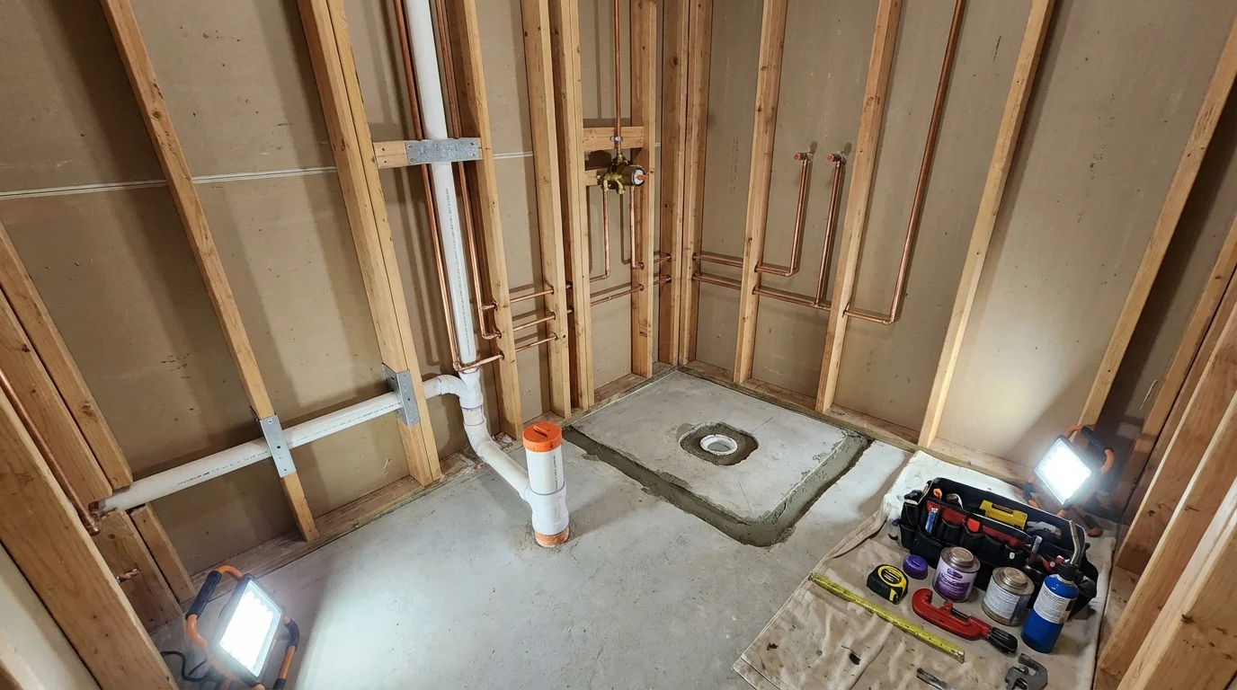 Bathroom rough-in plumbing during remodel by Johns Plumbing LLC in Hortonville