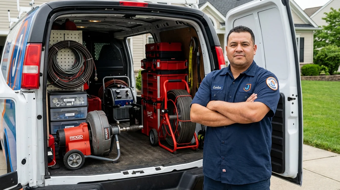 Professional drain cleaning equipment and Johns Plumbing LLC plumber in Hortonville