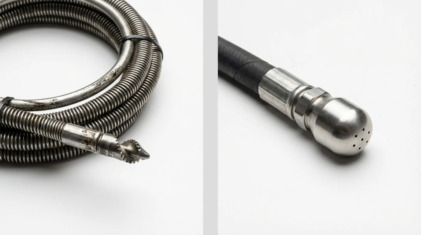 Drain snake cable and hydro jetting nozzle used for drain cleaning in Hortonville, WI