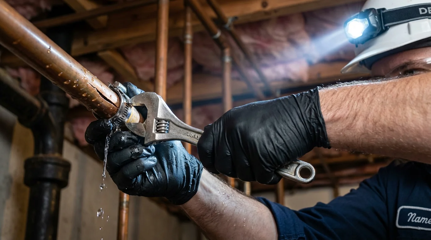 Emergency pipe clamp repair being performed by a Johns Plumbing LLC plumber in Hortonville