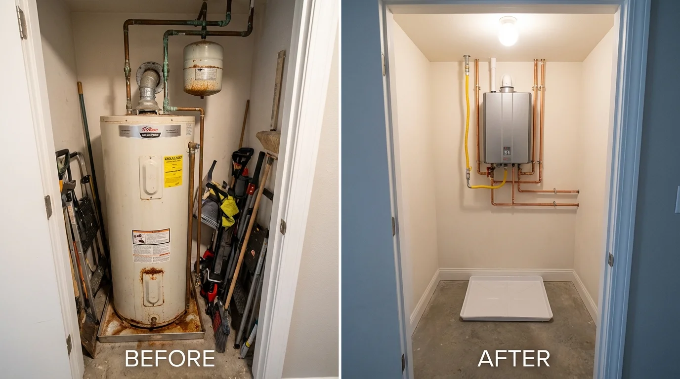 Tank water heater versus wall-mounted tankless unit comparison for Hortonville, WI homeowners