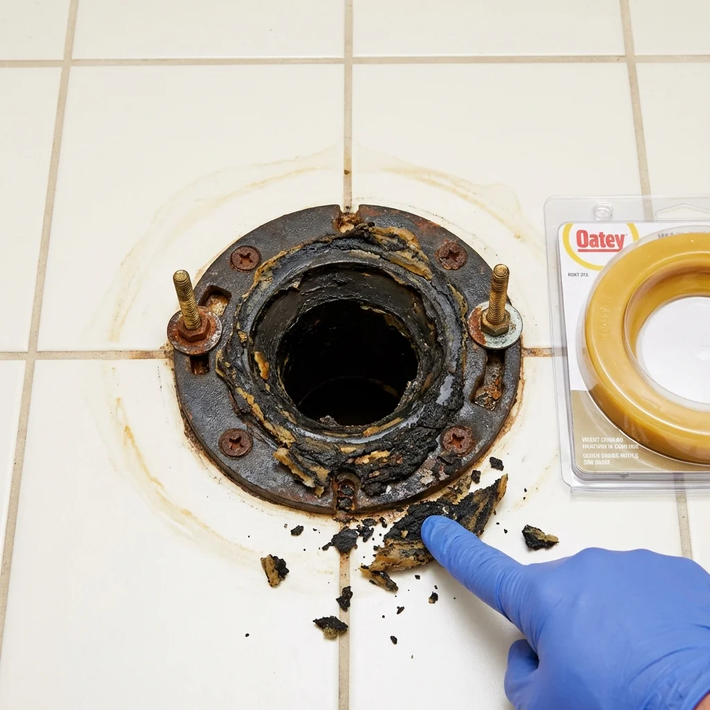 Failed wax ring showing water seepage at the base of a toilet in a Hortonville, WI home