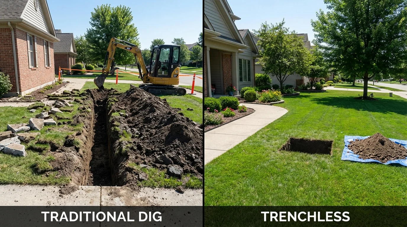 Trenchless sewer repair with minimal yard damage versus traditional excavation in Hortonville, WI