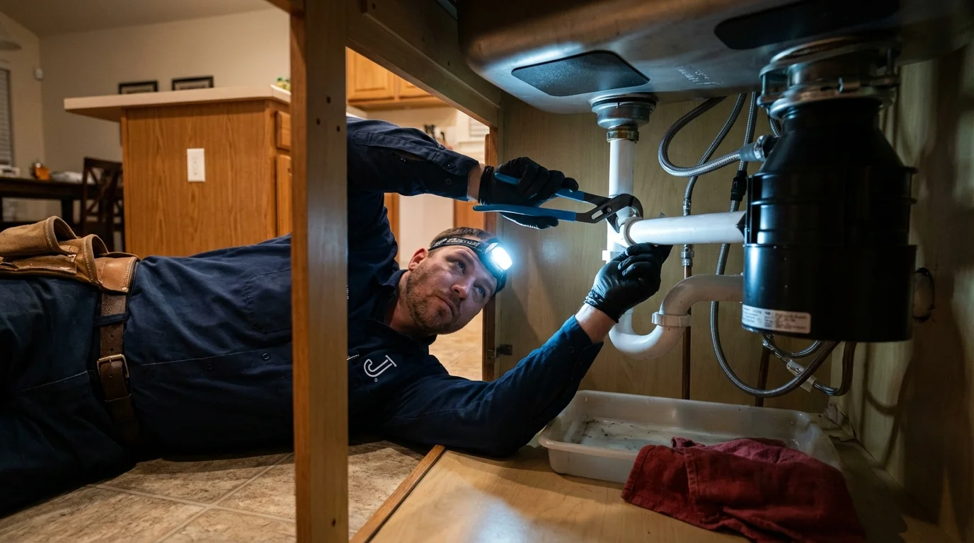 P-trap and supply line connections under a kitchen sink showing a common leak point in Hortonville, WI